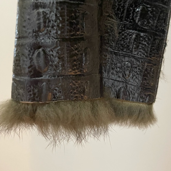 Blanc Noir Dark Green Faux Patent Leather Jacket with Faux Fur Lining - Picture 8 of 9